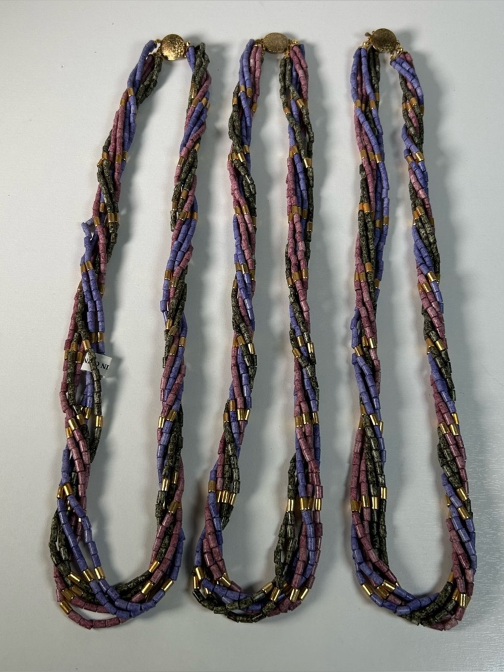 3 Genuine Red Green Lucite Beads Golden Spacer Six Strands Twisted Box Clasp